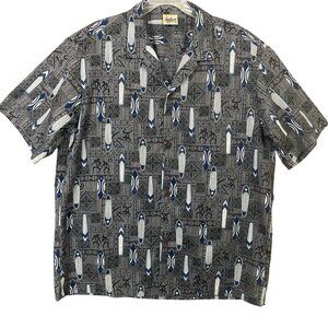 Royal Creations Men's XL Hawaiian Shirt Surfboards Gray Blue USA Made EUC